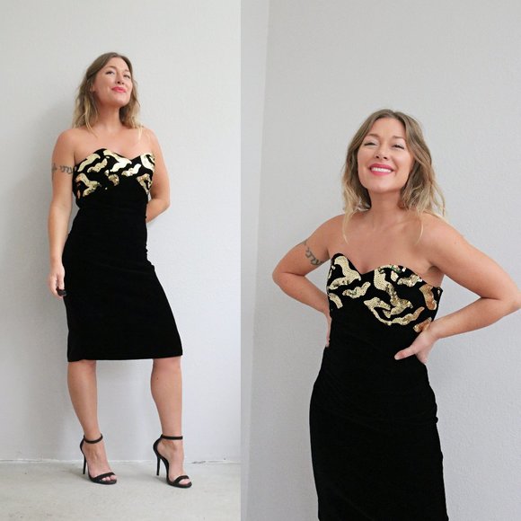 1980's Velvet Bustier Cocktail Dress /// Women's Size Larger Small to Medium - Picture 1 of 7
